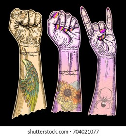 Set of Rock and Roll music hand sign. Hand drawn girl and guy style fist demon symbol. Female and male wrist evil finger gesture. Woman and man hands with flesh tattoos showing Satan sign. Vector.