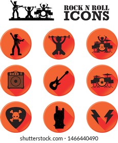 Set of Rock and Roll music icons. Guitar player, vocalist, drummer, loudspeaker, guitar, drum set, skull guitar pick, sign of the horn, rock thunder icon.