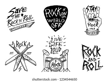 Set of Rock and Roll music symbols with Drums, Plectrum and machete. labels, logos. Heavy metal templates for design t-shirt, night party and festival. Hand drawn. Engraved sketch.