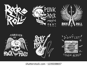 Set of Rock and Roll music symbols with Guitar, Wings and Skull. labels, logos. Heavy metal templates for design t-shirt, night party and festival. Hand drawn. Engraved sketch.