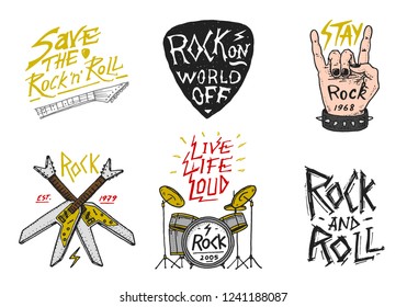 Set of Rock and Roll music symbols with Drums, Plectrum and machete. labels, logos. Heavy metal templates for design t-shirt, night party and festival. Hand drawn. Engraved sketch.
