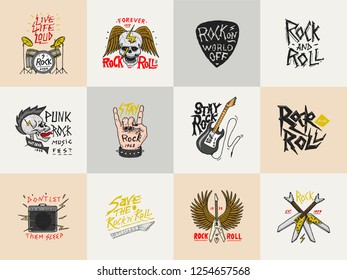 Set of Rock and Roll music symbols with Guitar Wings Skull, Drums Plectrum. labels, logos. Heavy metal templates for design t-shirt, night party and festival. Hand drawn. Engraved sketch.