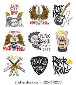 Set of Rock and Roll music symbols with Guitar Wings Skull, Drums Plectrum. labels, logos. Heavy metal templates for design t-shirt, night party and festival. Hand drawn. Engraved sketch.