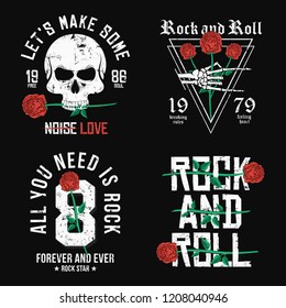 Set of Rock and Roll t-shirt design. Red roses, skull and skeleton hand. Vintage rock music style graphic for t-shirt print with slogan and grunge background. Vector