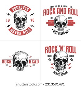 Juego de camisetas de rock y rollo con cráneo y eslogan. Gráficos de camisetas de música rock con cráneo humano dibujado a mano. Prendas de vestir de época con grunge. Ilustración vectorial.