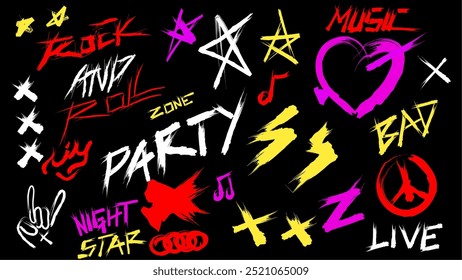 Set of rock and roll typography, music, love sign hand drawn 