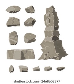 Set of rock stone. Stones and rocks in variuos sizes. Set of different boulders. Vector illustration in flat style