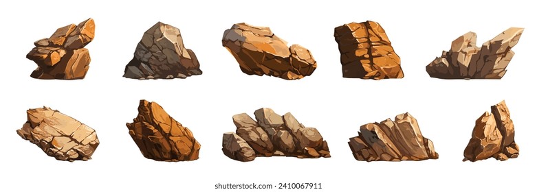 Set of rock stones, graphite stone, different boulders, realistic brown stone cartoon vector illustration isolated on white background