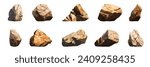 Set of rock stones isolated on white background, graphite stone, different boulders, realistic brown stone cartoon vector illustration