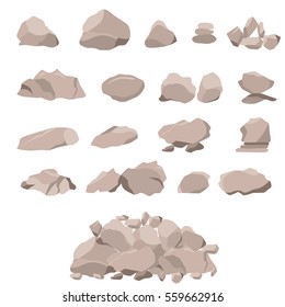 Conjunto de piedras y grandes rocas. Estilo plano 3D. Los elementos naturales y paisajísticos. Concepto de montaña. Aislado sobre fondo blanco. Ilustración vectorial.