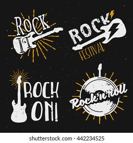 Set of rock themed logos, icons, badges, labels, signs with design elements: electric guitar, lighting, sunburst, vinyl record. Rock on, rock it!