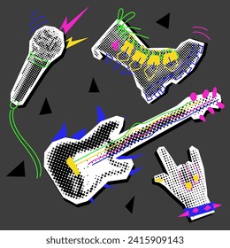 A set of rocker objects collage in the style of grunge pop art. Guitar, microphone, hand, shoe. Black and white dots with colored inserts. It looks like a clipping from a magazine. Bright doodles