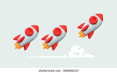 Set Rocket 3d icon. Realistic set of creative conceptual symbols of space rockets. Logo Space ship. Launch business product on a market. Vector illustration