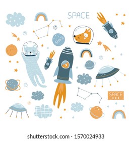 Set of rocket with animals in space on white background. Vector illustration for printing on fabric, clothing, tableware, packaging paper, food. Cute baby background.