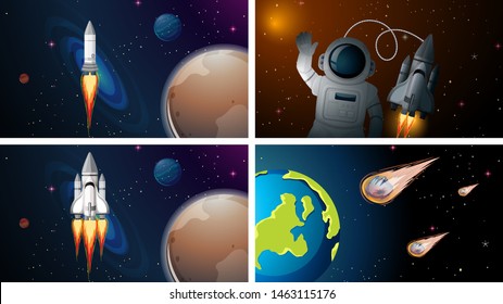 Ilustración de escenas de cohetes y astronautas