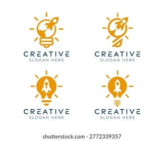 Set of rocket bulb logo design templates. Modern isolated rocket with light bulb design for space, innovation, and technology.