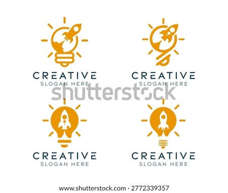 Set of rocket bulb logo design templates. Modern isolated rocket with light bulb design for space, innovation, and technology.