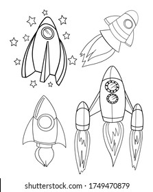 set of rocket contour vector coloring book isolate on white background graphics for kids space technology flight