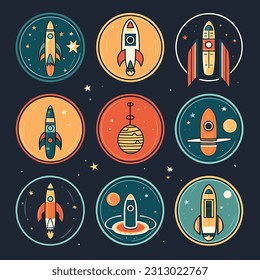 Set of rocket in a cosmic retro style, space exploration era. Cosmic elements of space adventure. Wonder of space travel 