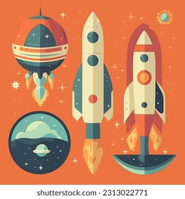 Set of rocket in a cosmic retro style, space exploration era. Cosmic elements of space adventure. Wonder of space travel 