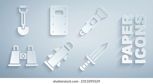 Fijar Rocket, Flashlight, Binoculares, Espada, Escudo de asalto militar e icono de pala de zapador. Vector