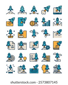 set of rocket fly business startup filled outline icon element vector illustration