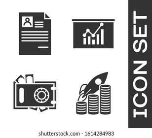 Set Rocket flying up on coins growth chart, Resume, Safe and money and Board with graph chart icon. Vector