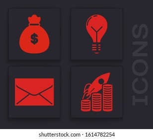 Set Rocket flying up on coins growth chart, Money bag, Light bulb with concept of idea and Envelope icon. Vector
