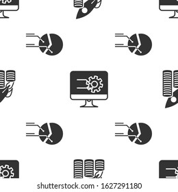 Set Rocket flying up on coins growth chart, Computer monitor with graph chart and Pie chart infographic on seamless pattern. Vector