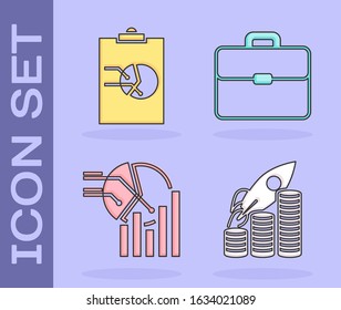 Set Rocket flying up on coins growth chart, Clipboard with graph chart, Pie chart infographic and Briefcase icon. Vector