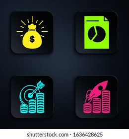 Set Rocket flying up on coins growth chart, Money bag, Target with coin symbol and Document with graph chart. Black square button. Vector