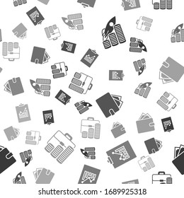 Set Rocket fliegen auf Münzen Wachstumstabelle, Zwischenablage mit Diagramm, Brieftasche mit Papiergeld und Briefkasten und Münze auf nahtloses Muster. Vektorillustration