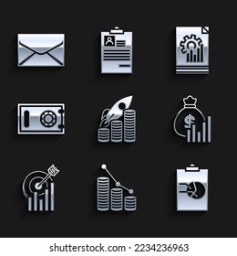 Set Rocket flying up on coins growth chart, Pie infographic and, Clipboard with, Money bag diagram, Target, Safe, Document and Envelope icon. Vector