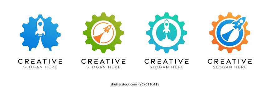 Set of rocket gear logo design templates. Modern isolated rocket gear design for manufacturing, engineering, and innovation.