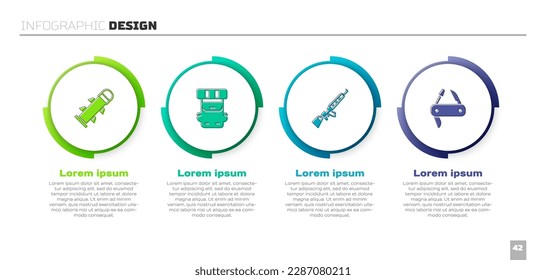 Set Rocket, Hiking backpack, Sniper rifle with scope and Swiss army knife. Business infographic template. Vector