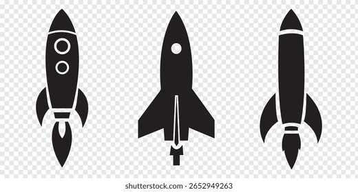 Conjunto de un icono de cohete. El ícono de Rocket en blanco y negro Rocket lanzó la Ilustración vectorial. EPS 10