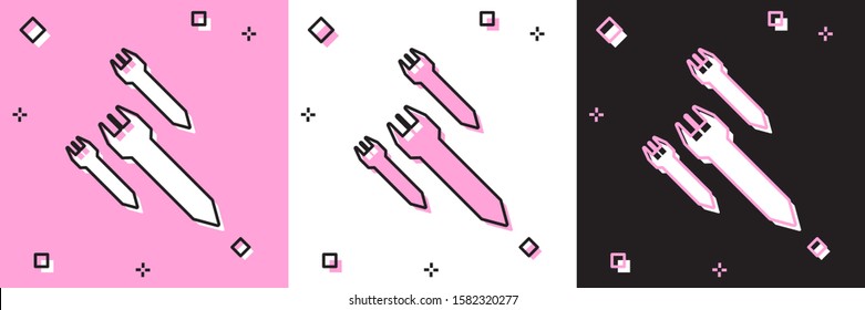 Set Rocket icon isolated on pink and white, black background.  Vector Illustration