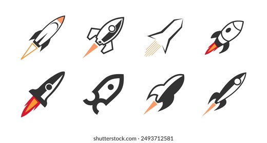 Conjunto de contorno de Vector de línea de logotipo de icono de cohete. Logotipo espacial de lanzamiento espacial