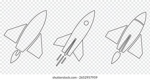 Satz eines Raketensymbols. Ikone der weißen und schwarzen Rakete, Startkonzept der Rakete. Vektorgrafik. Variety Design. 