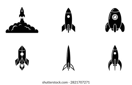 Set of rocket icons isolated on transparent background. Spaceship launch symbol space travel mission vector collection.