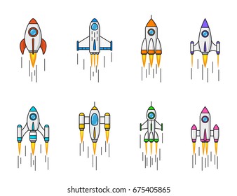 set of rocket icons isolated on white background, flat line art style illustration