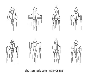 set of rocket icons isolated on white background, flat line art style illustration