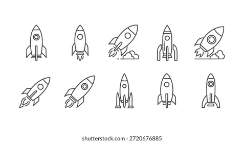 Eine Reihe von Raketensymbolen, die in einem eleganten, linearen Silhouettenstil für Projekte mit Weltraumthemen präsentiert werden.