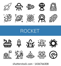 Set of rocket icons such as Rocket, Universe, Ufo, Uranus, Space, Space capsule, Astronaut, Moon rover, Stargazing, Alien, Black hole, Pluto , rocket