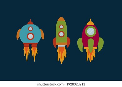 Un conjunto de iconos de Rocket. Vector Shuttle, Cohetes, Satélite, OVNI. Colección de vehículos voladores sobre fondo negro. Cohetes de caricatura para ropa o textiles infantiles de moda. Vector