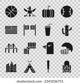 Set Rocket launch from the spaceport, American football helmet, Cactus, Pumpkin, Saloon door, flag, Basketball and Paper glass with straw icon. Vector