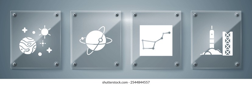 Lanzamiento de cohetes desde el puerto espacial, constelación del Gran Oso, satélites orbitando el planeta Tierra y el Espacio y el planeta. Paneles de vidrio cuadrados. Vector