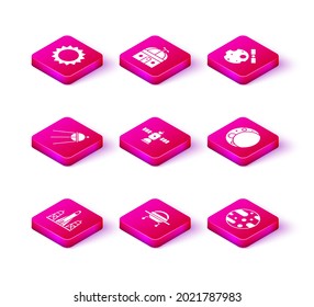 Set Rocket launch from the spaceport, UFO flying spaceship, Satellite, Planet Mars, Moon, Satellites orbiting planet Earth and Astronomical observatory icon. Vector