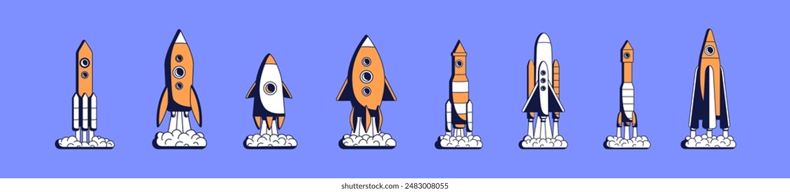 Juego de lanzamiento de cohete. Lanzamiento de transbordadores espaciales, naves espaciales en el cosmos. Despegue o aterrizaje de naves espaciales, misiles, cohetes. Concepto de puesta en marcha del negocio. Ilustraciones vectoriales de contorno aisladas planas
