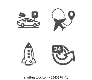 Set of Rocket, Parking security and Airplane icons. 24 hours sign. Spaceship, Video camera, Plane. Repeat.  Classic design rocket icon. Flat design. Vector